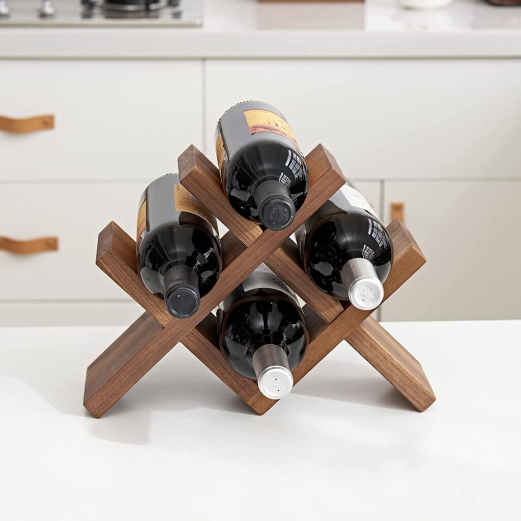 Oak wine rack with wine bottles