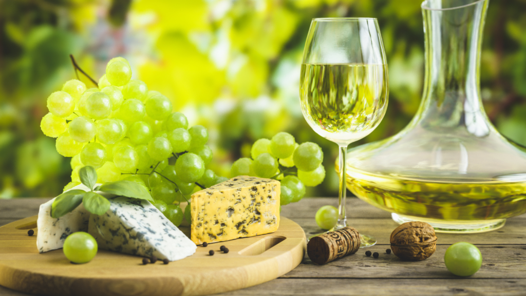 Organic chardonnay with grapes and cheese.