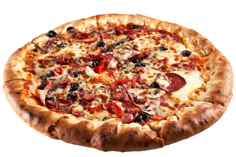 This Naples-style pizza has flavorful crushed tomatoes, fresh basil leaves, olive oil, and yummy mozzarella—the ingredients representing the colors of the Italian flag. The flavor of a Margherita Pizza is sweet and a little tangy, and you will usually taste more sauce than cheese.